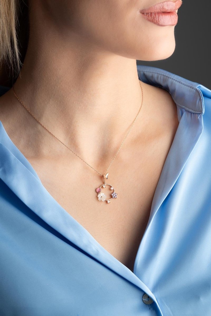 Nereze | Magnolia Blossom Circle Spring Flower Necklace with Butterfly Detail - TryAladdin