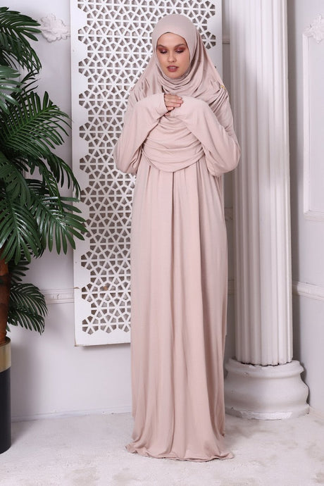 One Piece Practical Prayer Dress with Headscarf and Robe Beige - TryAladdin