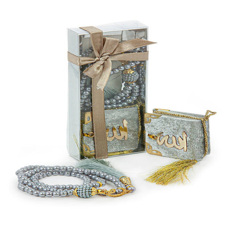 Pearl Prayer Beads and Mini Velvet Quran Gift Set - Gray - TryAladdin