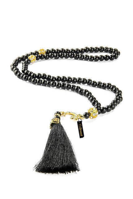 Pearl Tasbih with Waw and Ottoman Tugra, 99 Beads - Black - TryAladdin