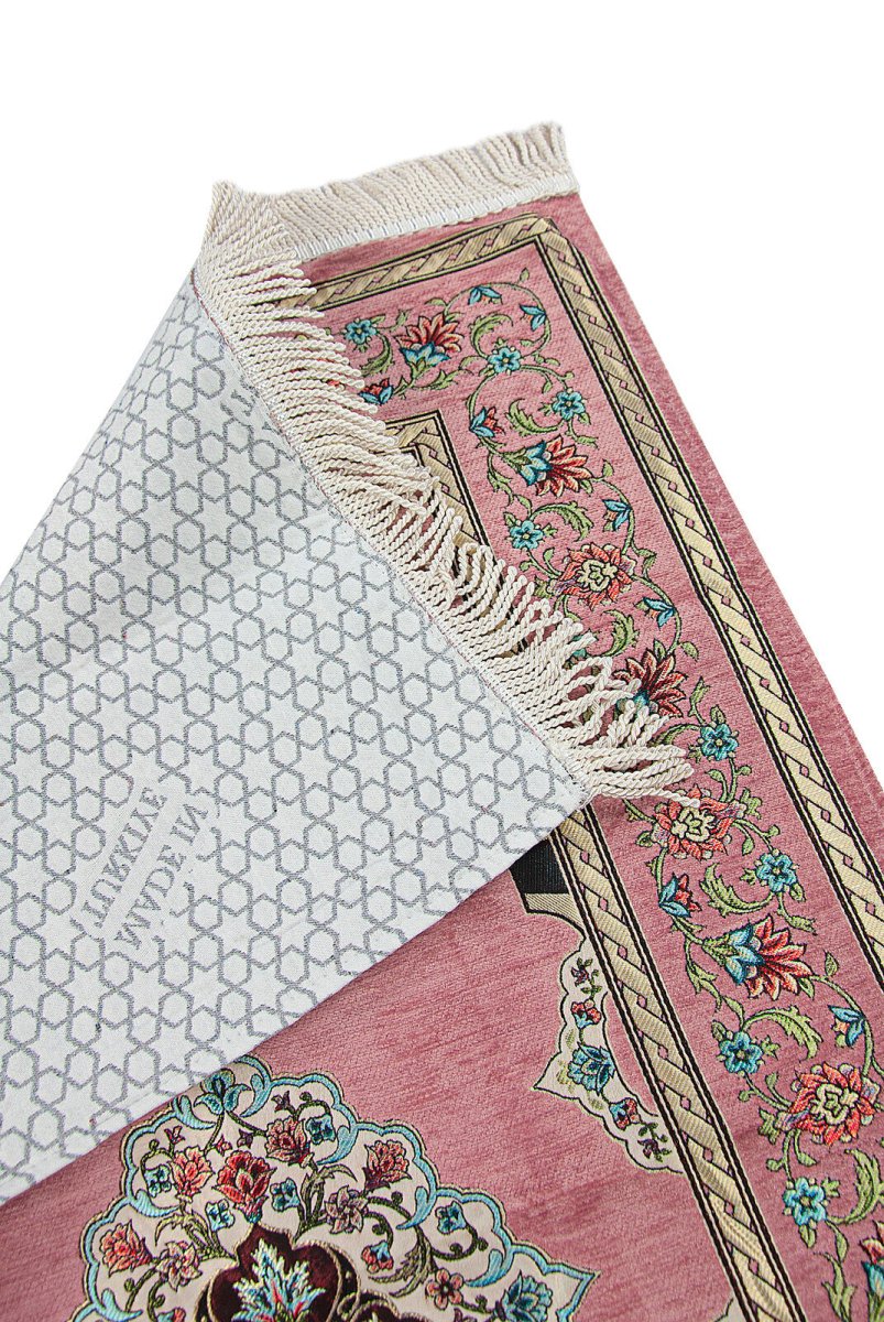 Pink Flower Motifed Mihrab Lined Chenille Prayer Rug - TryAladdin