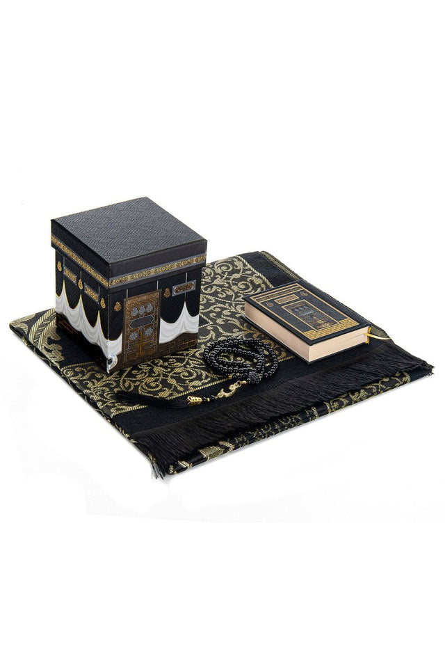 Prayer Rug and Quran Set with Kaaba Patterned Special Box - Black - TryAladdin