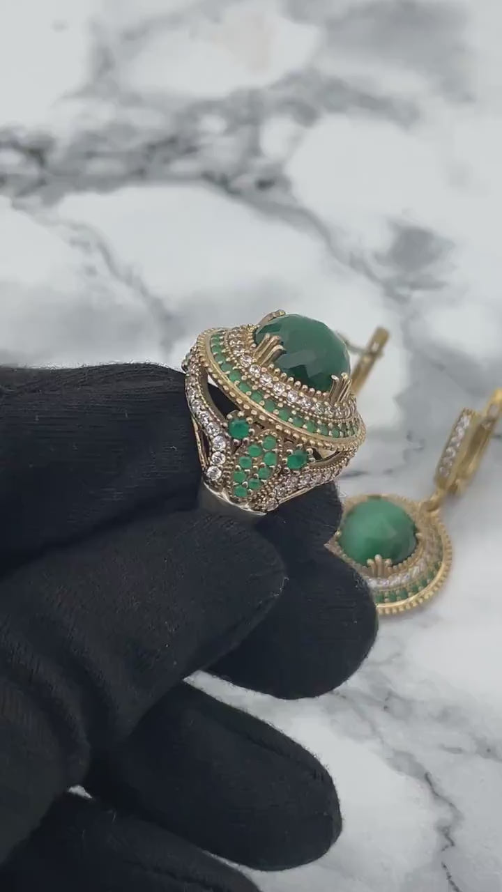 Bijoux d'Istanbul | Ensemble de bijoux en argent de style ottoman en malachite