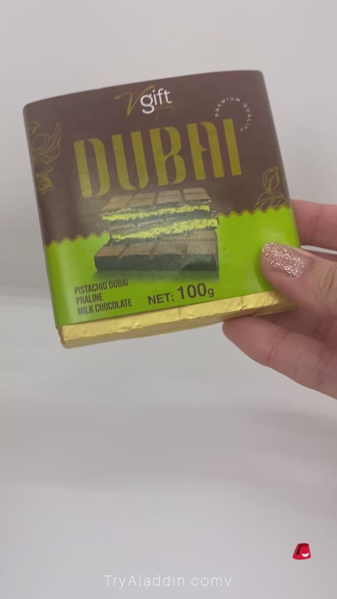 Barre de Chocolat V-Gift Praliné Pistache Dubaï – Délice Croquant et Noisette