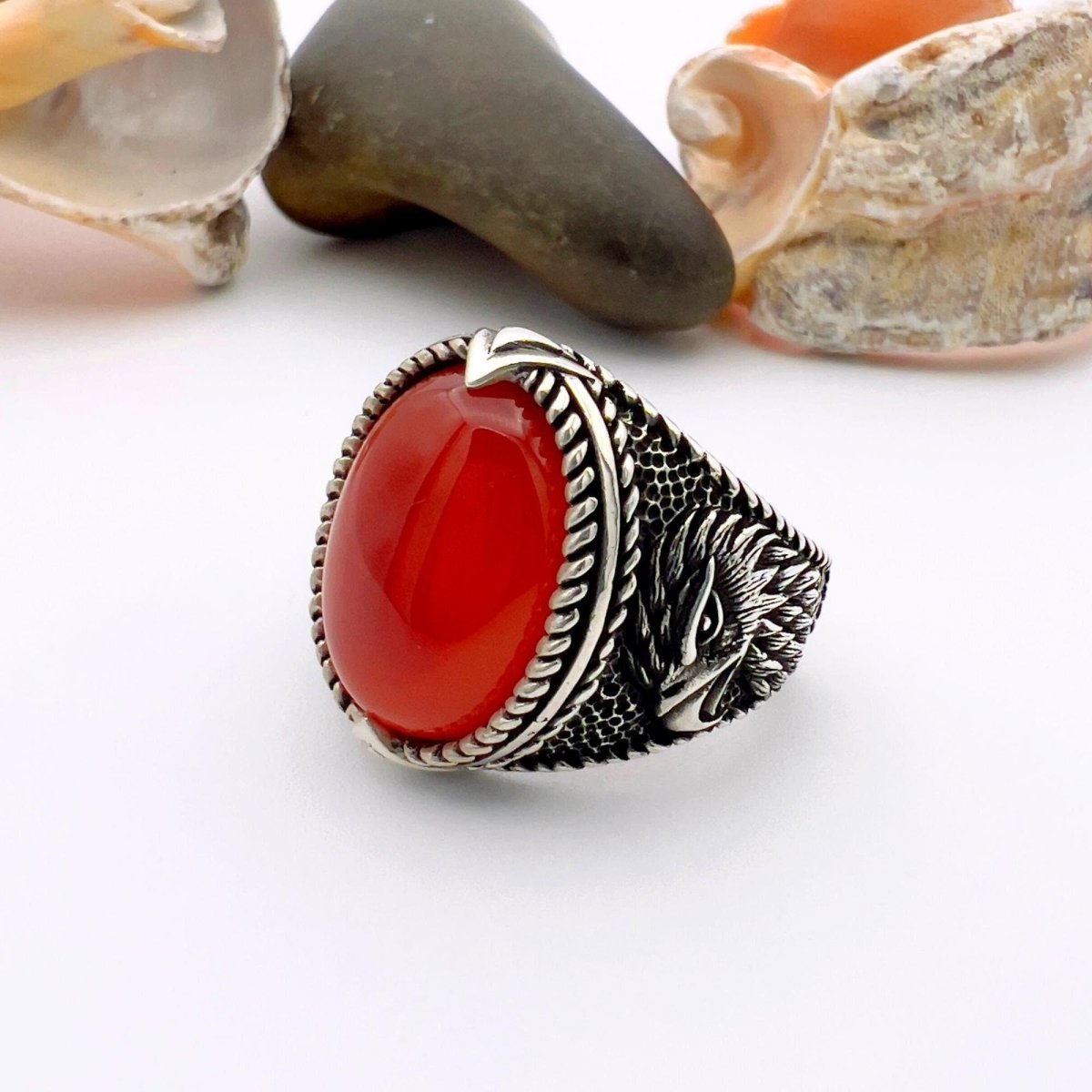 Red Oval Agate Stone Silver Men's Ring - TryAladdin