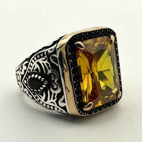 Square Yellow Citrine Stone Men's Ring - TryAladdin