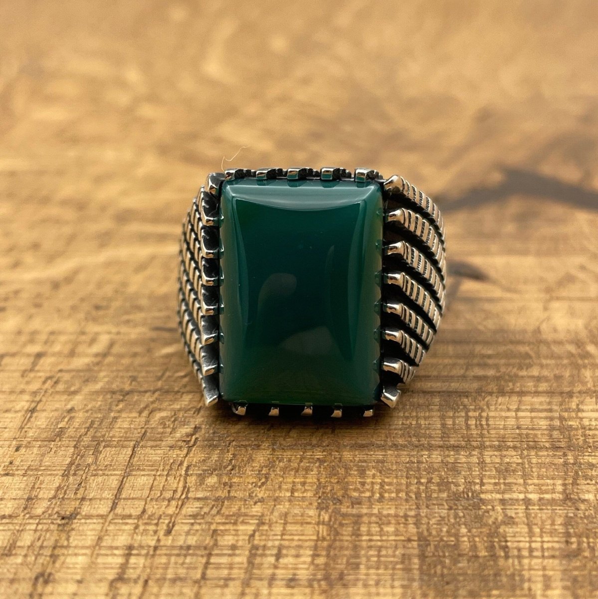 Sterling Silver 925 Handmade Green Agate Men's Ring - TryAladdin