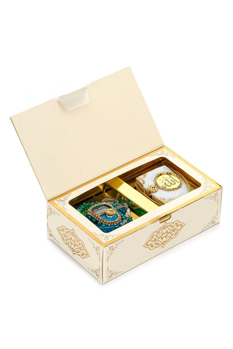 Stone Designed Dhikrmatic and Mini Quran Gift Set with Crystal Stone Paryer Bead - Blue Color - TryAladdin