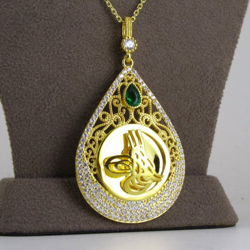 Taki | Silver Tugra Islamic Motivated Necklace Gold Plated with Stone Chain - TryAladdin