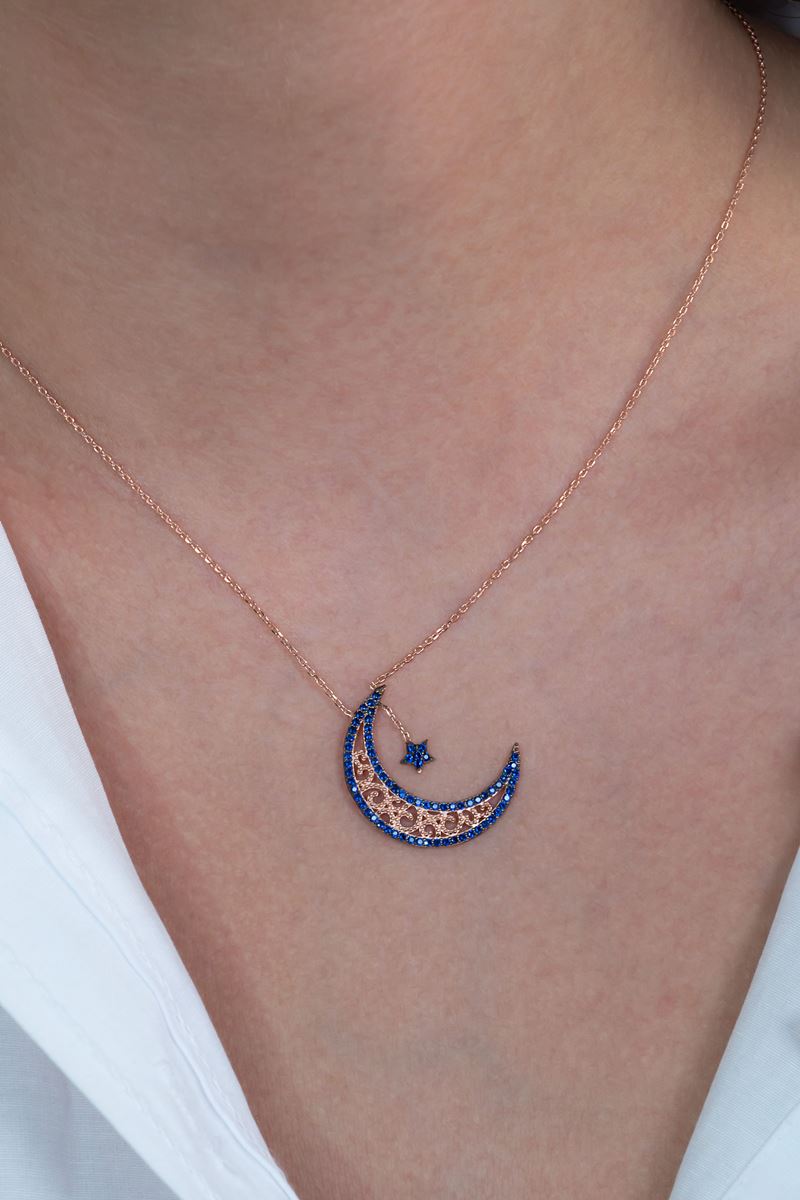 Taki | Silver Moon and Star Necklace Navy Blue Stone Valentine Gift - TryAladdin