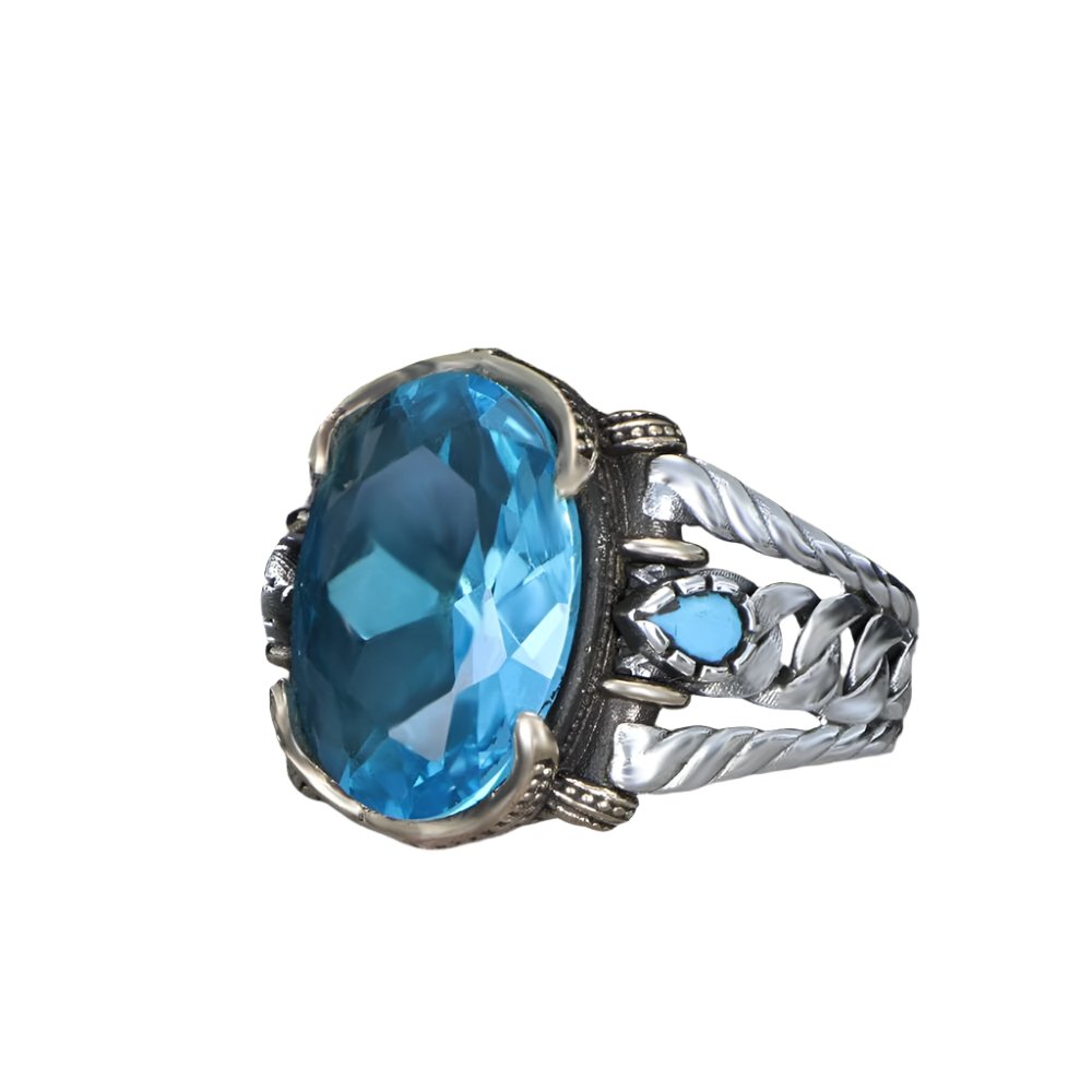 Tesbihevim | Chain Series Men's Silver Ring with Blue Topaz Stone - TryAladdin