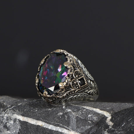 Tesbihevim | Men's Silver Ring with Mystic Topaz Stone - TryAladdin