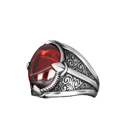 Tesbihevim | Men's Silver Ring with Red Agate Stone - TryAladdin