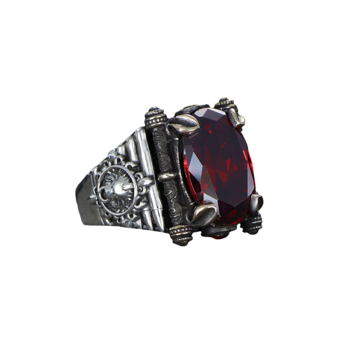 Tesbihevim | Men's Silver Ring with Red Zircon Stone - TryAladdin