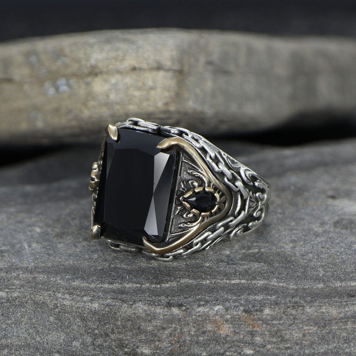 Tesbihevim | Silver Ring for Men with Chain Series Zircon Stone - TryAladdin