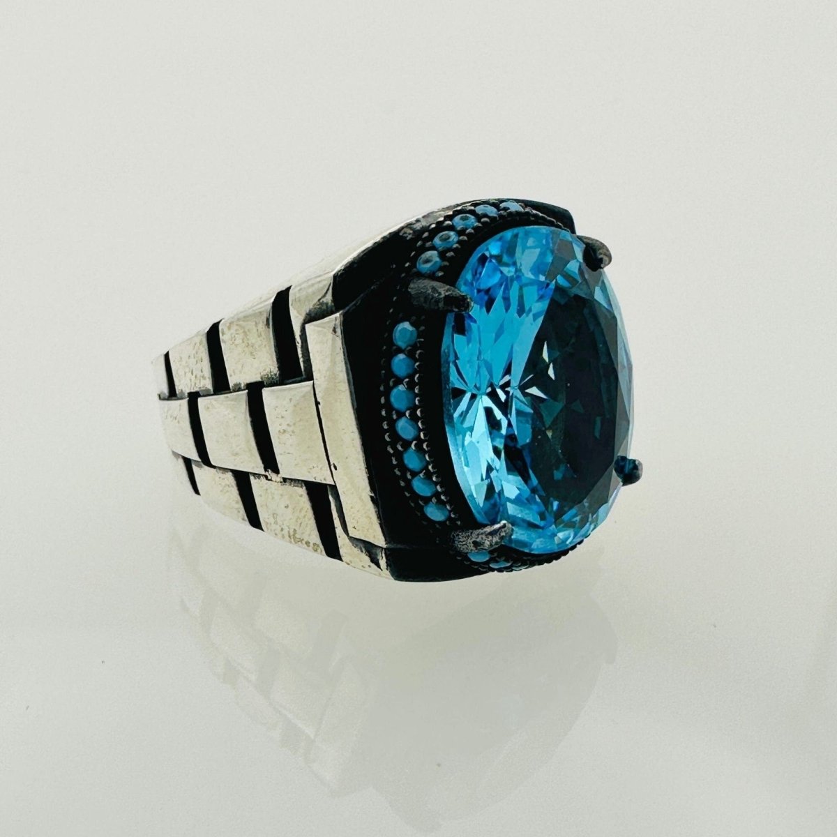 Turkish Handmade Men's Aquamarine Oval Ring - TryAladdin