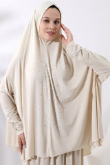 Two Piece Practical Prayer Dress with Pearls and Stones, Top and Bottom Cream - TryAladdin