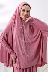 Two Piece Prayer Dress with Pearls and Stones, Top and Bottom Practical Dress Pink - TryAladdin