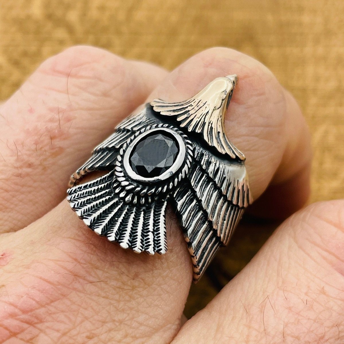 Unisex Adjustable Eagle Silver Ring with Black Onyx Stone - TryAladdin