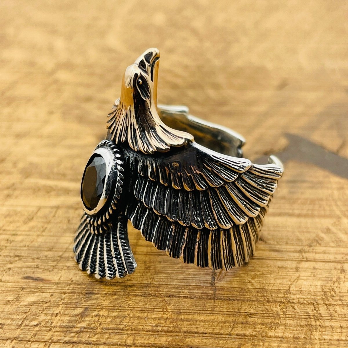 Unisex Adjustable Eagle Silver Ring with Black Onyx Stone - TryAladdin