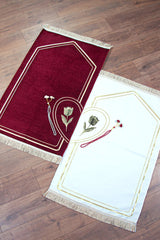 Unlined Chenille Prayer Mat Paired Heart Groom Bride Dowry Double Prayer Mat Set Burgundy Cream - TryAladdin