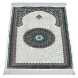 White Traditional Motif Knitted Fringed Mihrab Lined Chenille Prayer Rug - TryAladdin