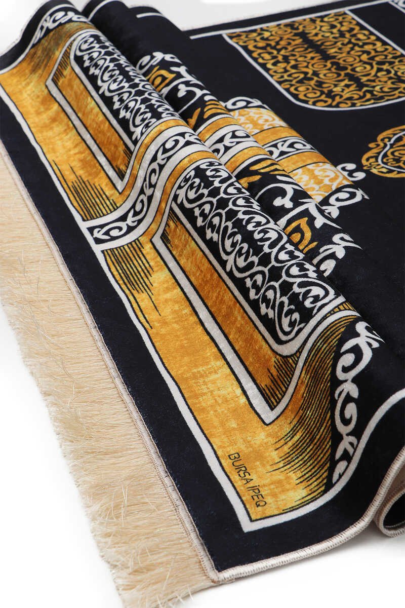 Bursa Ipek | Black Kaaba Velvet Carpet Prayer Rug - TryAladdin