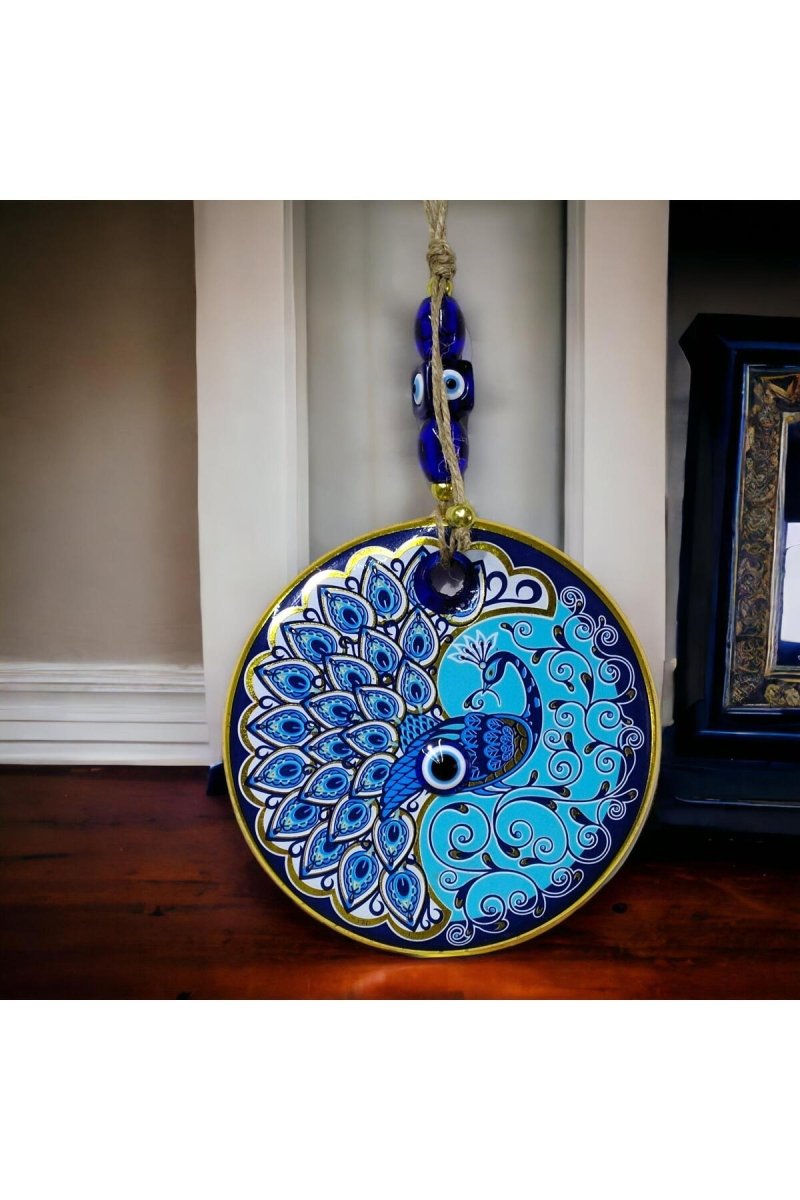 Gilded Nazar Beaded Peacock Glass Wall Ornament - TryAladdin