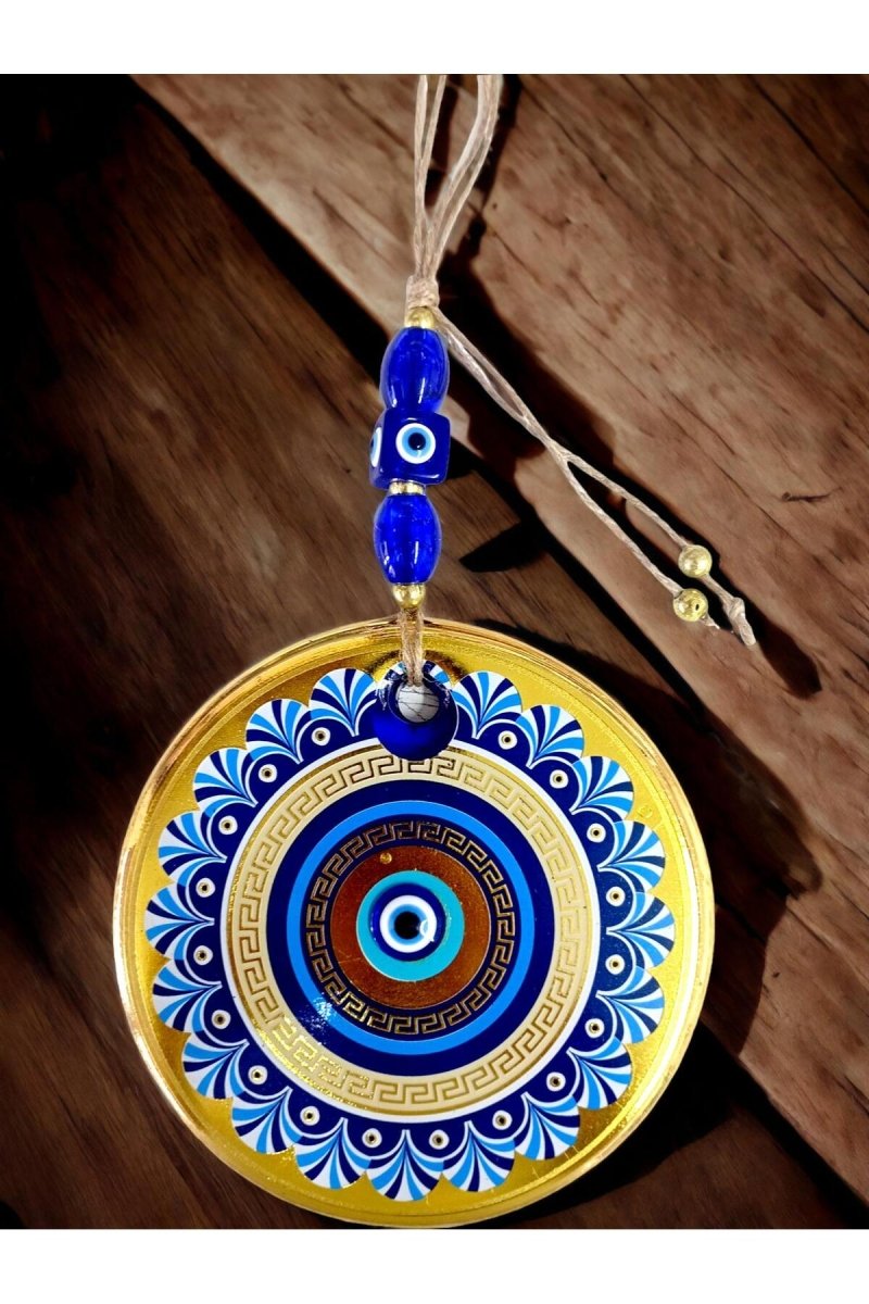 Golden Glass Blue Motif Nazar Beaded Wall Ornament - TryAladdin