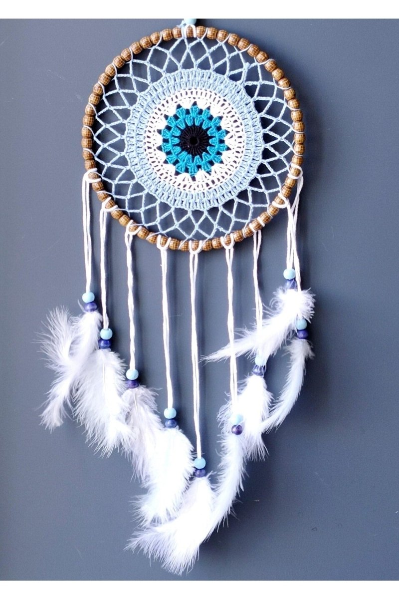 Handmade Ice Blue Dream Catcher Wall Ornament with Nazar Bead Motif - TryAladdin