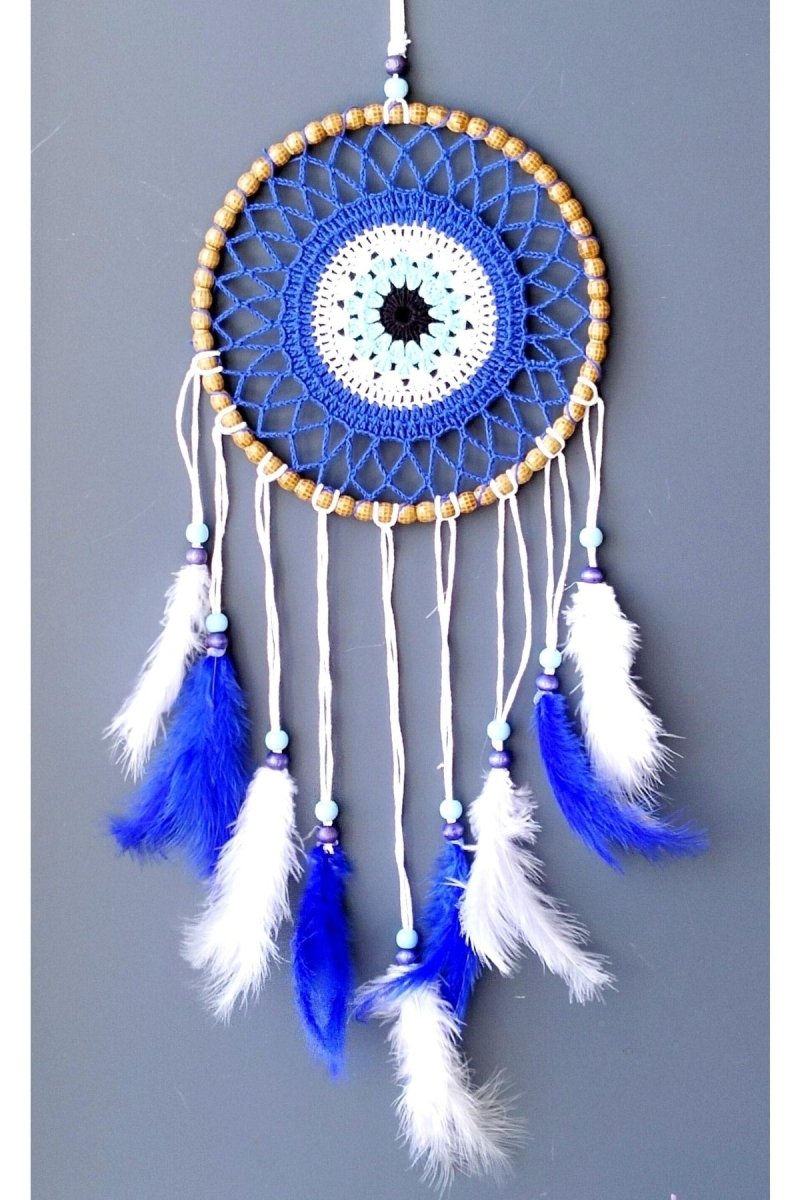 Nazar Bead Patterned Bird Furry Handmade Dream Catcher Wall Ornament - TryAladdin